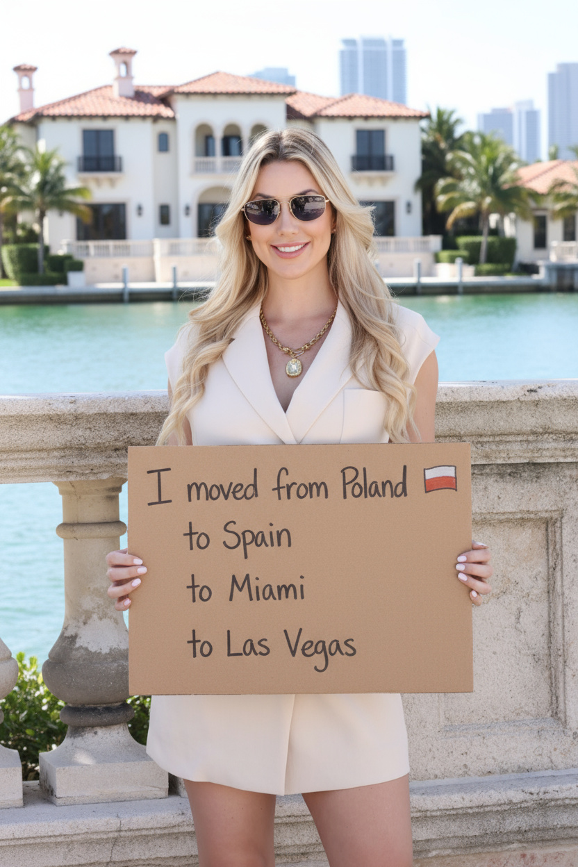 Naomi Besson holding a sign reading I moved from Poland to Spain to Miami to Las Vegas